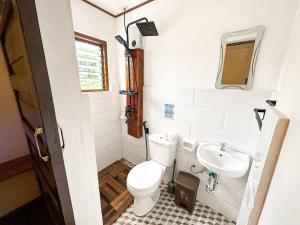 een kleine badkamer met een toilet en een wastafel bij La Lola in San Vicente