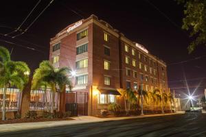 Hampton Inn & Suites Tampa Ybor City Downtown في تامبا: مبنى طويل اشجار النخيل امام شارع