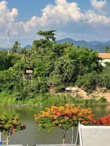 uma vista para um lago com árvores e flores em Namkhan Riverview Boutique House em Luang Prabang