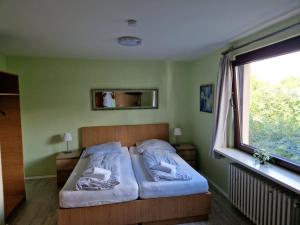 ein Schlafzimmer mit einem Bett mit zwei Kissen und einem Fenster in der Unterkunft Hotel PB in Goslar