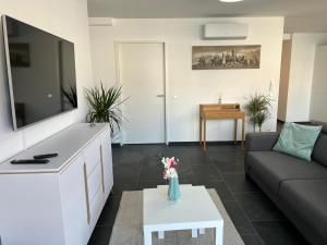 a living room with a couch and a table at Modern Apartment Mainz by PMA in Mainz