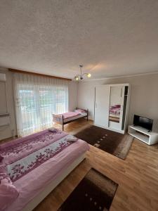 a bedroom with a large bed and a television at Apartmani Hadžić in Živinice