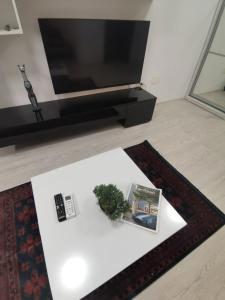 un salon avec une télévision à écran plat et une plante dans l'établissement Tree V House, à Chiajna