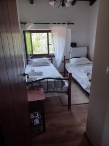 Duas camas num quarto com uma janela em Evergreen Suites em Synikia Mesi Trikalon