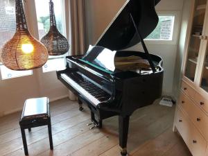 un pianoforte nero in un soggiorno con luci di Nice apartment next to the beach a Scheveningen