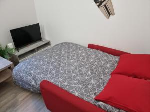 - une chambre avec un canapé rouge et une télévision dans l'établissement Appartement sympathique, à Vendeuvre-sur-Barse