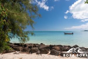 un bateau dans l'eau sur une plage dans l'établissement Matira Beach Raitea 2, à Bora Bora