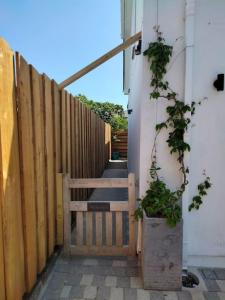 a stairway with a wooden fence and a wooden bench at Modern cosy apartment walking distance to many cove beaches and coast path walks as well as the famous Helford river in Falmouth