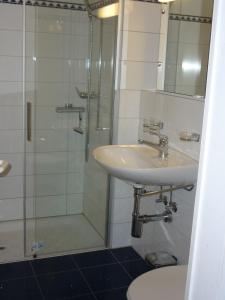 y baño con lavabo y ducha. en Moderne attraktive Dachwohnung für max. 6 Personen in ruhiger Umgebung, en Flims