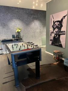 une table d'échecs dans une pièce avec une photo d'un chien dans l'établissement InkBlue-Apartment, à Heidenau