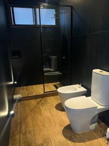 La salle de bains est pourvue de toilettes et d'une douche en verre. dans l'établissement ROCCHETTA HOTEL BOUTIQUE, à Sierra de los Padres