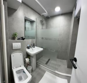 e bagno con servizi igienici, lavandino e doccia. di Kula apartman - Novi Pazar a Novi Pazar