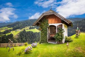 uma pequena casa numa colina relvada com flores em Brennergut Ferienwohnung am Bauernhof em Mühlbach am Hochkönig