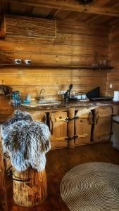 - une cuisine avec un évier dans une cabane en rondins dans l'établissement Gorący Potok Apartamenty, à Szaflary