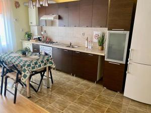 a kitchen with a table and a sink and a refrigerator at Apartament Terra II in Floreşti