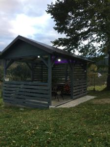 une cabane en bois avec une table de pique-nique dans l'herbe dans l'établissement U Ilka, à Lazeshchyna