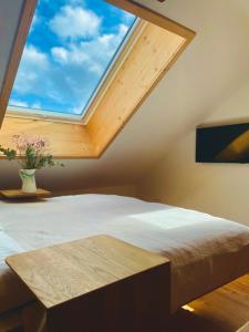 a bedroom with a large skylight in a attic at RotmeerHaus in Feldberg