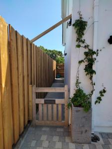 a stairway with a wooden gate and a fence at Modern cosy apartment walking distance to many cove beaches and coast path walks as well as the famous Helford river in Falmouth