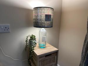 a lamp on a table with a bottle on it at Highland HotTub Retreat, on NC500 in Inverness