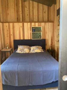 a bedroom with a blue bed with wooden walls at Le Chalet du Domaine in La Saline les Bains