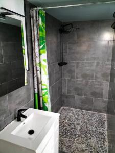 ein Badezimmer mit einem weißen Waschbecken und einer Dusche in der Unterkunft VV Las Buganvillas MASPALOMAS - Cocina y habitaciones con baños privados in Maspalomas