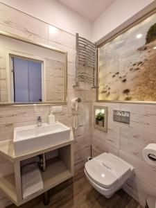 La salle de bains est pourvue d'un lavabo et de toilettes. dans l'établissement Hotel ARA - Dancing Club Restauracja ARA, à Jastrzębia Góra