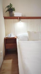 a bedroom with a bed and a table with a plant at Hotel Ambra in Luhačovice