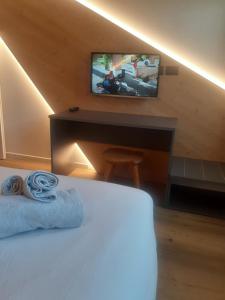 a bedroom with a bed and a desk with a television at Appartamento Vale e Schena Cortina D'Ampezzo in San Vito di Cadore