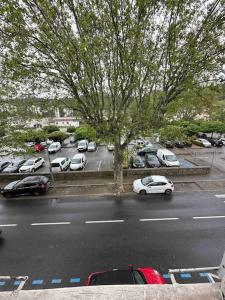 een parkeerplaats met geparkeerde auto's en een boom bij Appartement JAZZ Vienne nord in Vienne