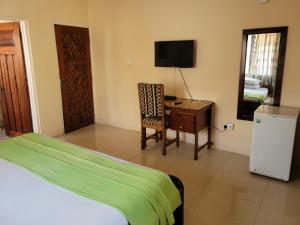 Dormitorio con cama, escritorio y TV en Loreto Palm Villa, en Cape Coast