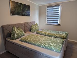 a couch with two pillows on it in a room at Pension Haus Leni am Schwanenteich in Mühlhausen