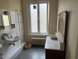 La salle de bains est pourvue d'un lavabo, d'un miroir et d'une fenêtre. dans l'établissement Hotel Rubenshof, à Anvers