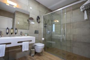 a bathroom with a shower and a toilet and a sink at Watts House in Seia