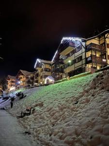 uma colina coberta de neve com edifícios ao fundo à noite em Apartmán Olívia 8 Hrabovská dolina em Ružomberok