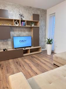 een woonkamer met een tv en een bank bij Deluxe Cozy Apartments - Coresi Mall #Brasov in Braşov