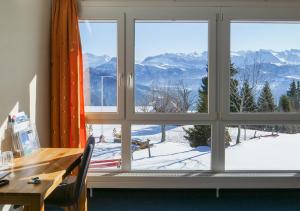 una ventana con vistas a una montaña nevada en Rigi Kaltbad Swiss Quality Hotel, en Rigi Kaltbad