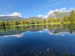 uitzicht op een meer met bergen op de achtergrond bij Charmant mobilhome à 2 pas remontés ski Samoëns in Samoëns