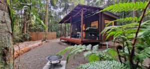 een hut in het bos met een bank en een tafel bij The Canopy Rainforest Treehouses & Wildlife Sanctuary in Tarzali