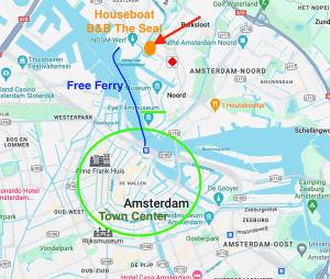 une carte avec un cercle rouge et vert dans l'établissement Houseboat apartment with water terrace, free parking, free bikes & fast wifi, à Amsterdam