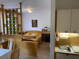 a kitchen with a sink and a room with a bed at Samoobslužný hotel Vydra in Srní