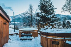 un patio cubierto de nieve con bañera de hidromasaje y árbol en Tatra Resort & SPA, en Kościelisko