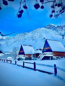 ein schneebedecktes Haus vor einem Berg in der Unterkunft Hillside Kazbegi in Kazbegi