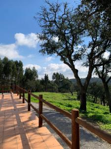 uma cerca de madeira ao lado de um campo com uma árvore em Monte da Rocha em Santiago do Cacém