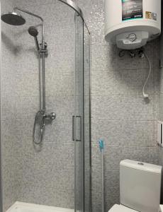 La salle de bains est pourvue d'une douche, de toilettes et d'une caméra. dans l'établissement Mint Apartment Солнечное Закарпатье, à Polyana