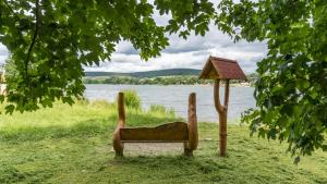 a wooden chair sitting next to a body of water at BohnApartments Juwel am See, mitten in der Natur - gratis Parkplatz - Kamin - WLAN - Nähe Erfurt in Kranichfeld