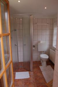 uma casa de banho com um WC e um chuveiro em Ferienhaus Weingarten em Bad Fallingbostel