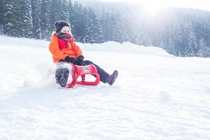 Una donna seduta su una motoslitta nella neve di Appartements Waldrose a Titisee-Neustadt