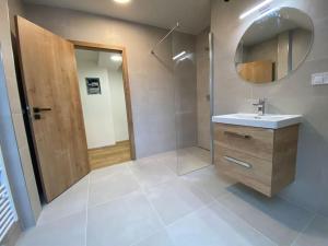 a bathroom with a sink and a shower with a mirror at Apartmán č.3 v bankovním domě in Kutná Hora