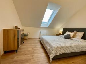 a bedroom with a bed and a skylight at Apartmán č.3 v bankovním domě in Kutná Hora