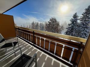 balcón con vistas a los árboles nevados en Hotel Belmont, en Crans-Montana